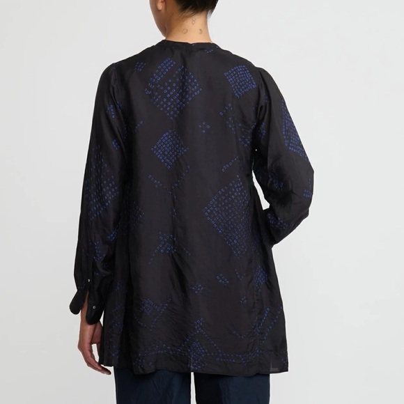 Silk Shekhawati Shirt in Black and Indigo Blue Black Patterned Tunic Top medium - Picture 8 of 8